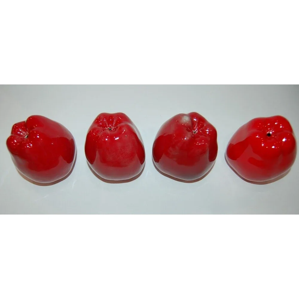 4 RED CERAMIC APPLES FAUX FRUIT FAKE ARTIFICIAL SHINY TABLE STAGING DECOR 3.5